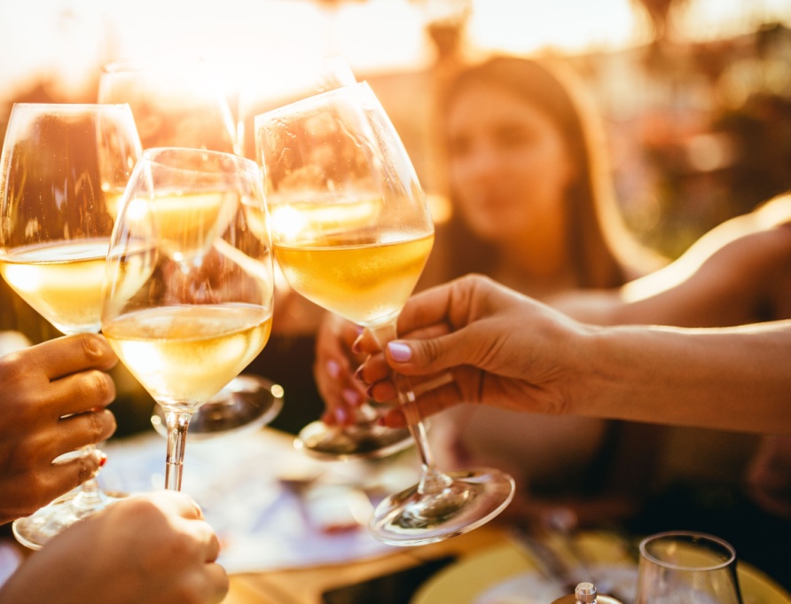 A group of friends clinking wine glasses.