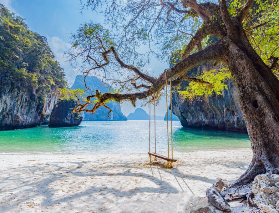 A beach with a swing hanging from a tree in Laos.